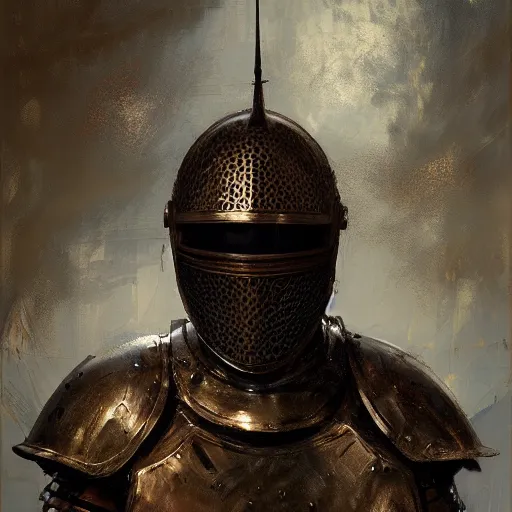 Prompt: portrait of a knight with helmet off, face visible, bronze armor with intricate engraving, silver highlights, by craig mullins, jeremy mann.