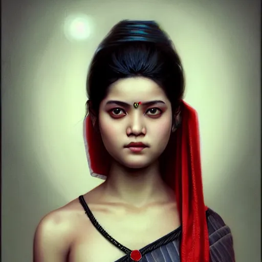 Image similar to beautiful young bihu queen ; portrait by artgerm and tom bagshaw ; trending on artstation ; award winning, cinematic natural dramatic lighting, studio photography by annie leibovitz