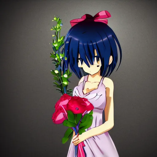 Prompt: anime girl holds a bouquet,