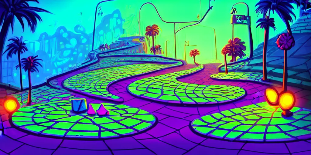 Prompt: neon light, curled perspective digital art of spiral clouds cobblestone street with wildflowers to a casino in top of a hill with curly palmtrees by anton fadeev from nightmare before christmas