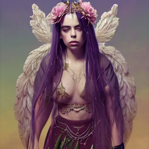 Image similar to billie eilish expressive full body photo, of beautiful angel, smooth glowing skin, ornate headpiece made from pink flowers, glamour shot, by yoshitaka amano, by greg rutkowski, by jeremyg lipkinng, by artgerm, digital art, octane render