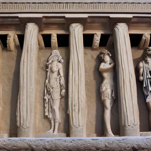 Prompt: a roman temple with carvings of anime characters