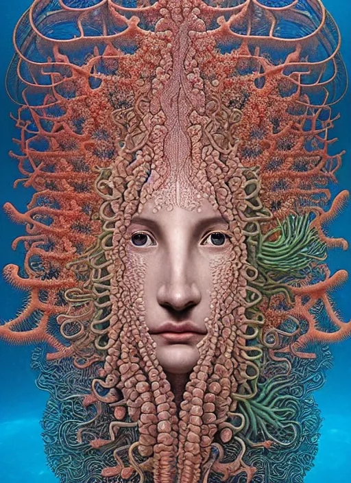 Image similar to realistic detailed underwater face portrait of the beutiful young goddess of the fish of the fractal waters with an intricate headdress of corals, sea kelp, sea plants, coral reef, fish, jellyfish, art by ernst haeckel, zdzisław beksinski, hieronymus bosch, gothic, neo - gothic, ornamental, beautiful deep colours,