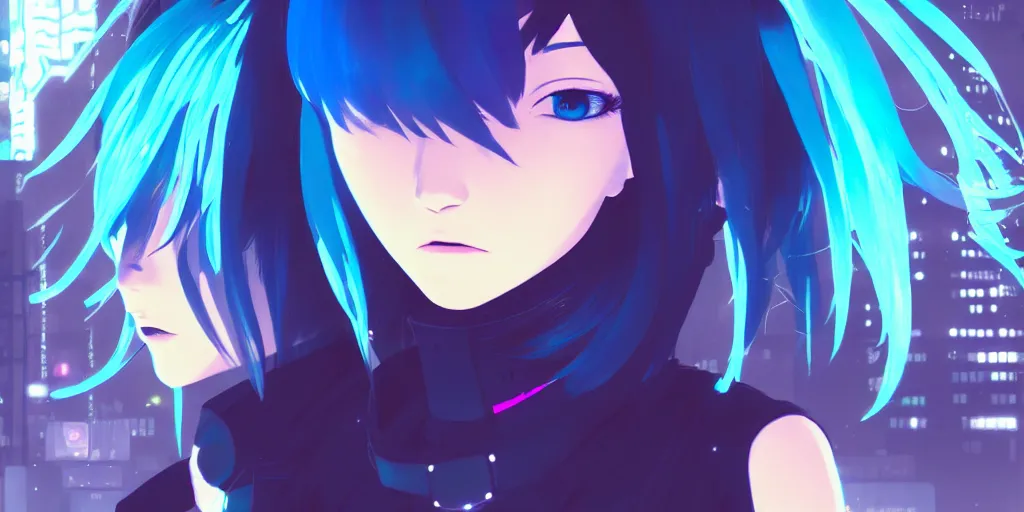 Image similar to digital illustration closeup of cyberpunk pretty girl with blue hair in city street at night by makoto shinkai, ilya kuvshinov, lois van baarle, rossdraws, basquiat