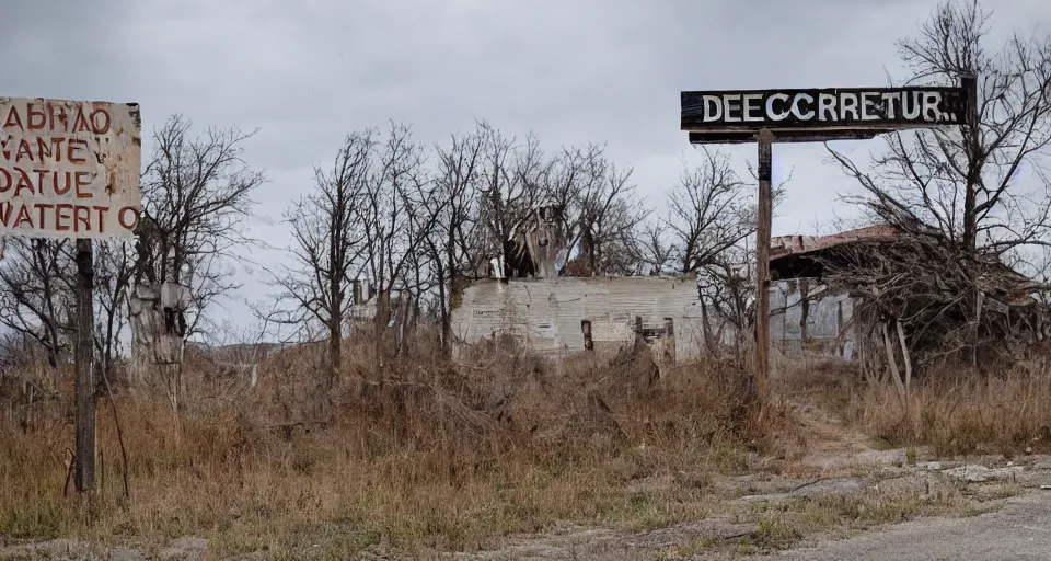Prompt: an abandoned decrepit town with a sign saying 624 NEVER FORGET