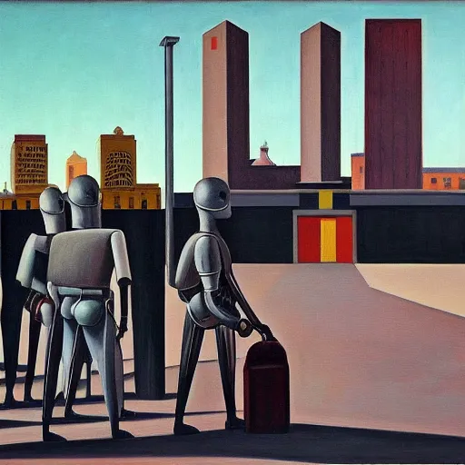 Image similar to drab human pedestrians, guarded by fascist robot overlords, brutalist city street, dystopian, pj crook, edward hopper, oil on canvas