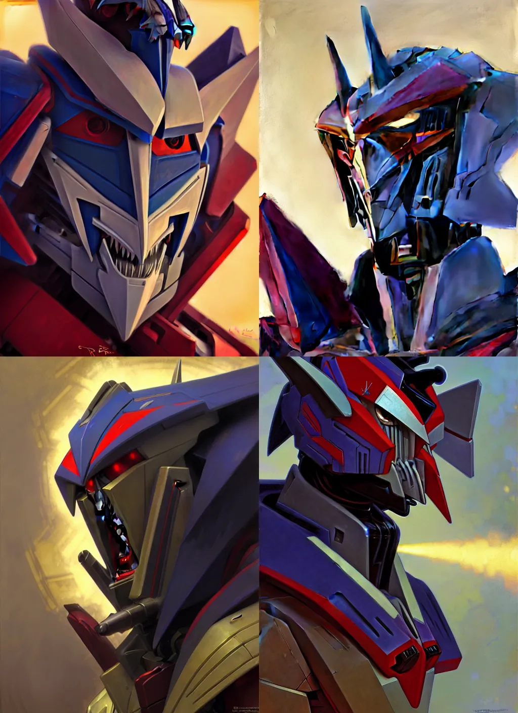 Prompt: Concept Art Portrait of G1 Transformers Animated Starscream! snarling seductively, Highly detailed by greg rutkowski, Ilya repin, alphonse mucha, and Edmund Blair Leighton. Very highly detailed 8K, octane, Digital painting, the golden ratio, rational painting, sharp