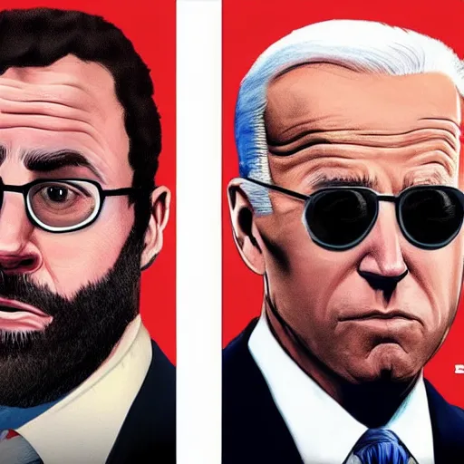 Image similar to joe biden and seth rogan in the style of grand theft auto v cover art