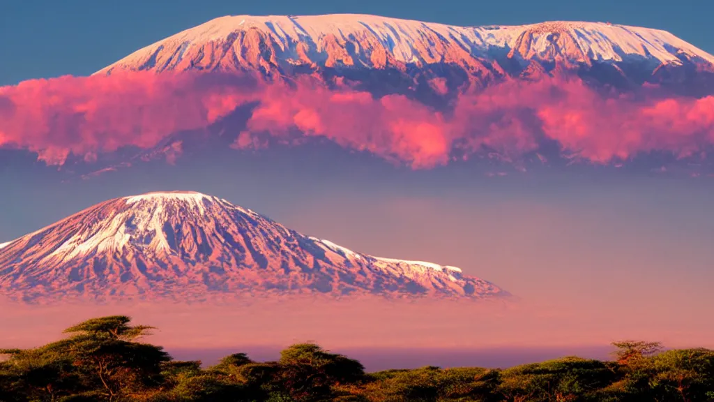 Prompt: Mount Kilimanjaro under the pink clouds backlit by the sun