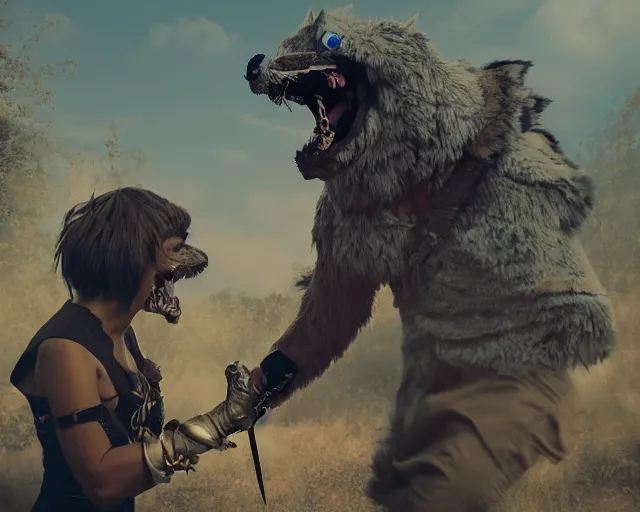 Image similar to gerald of rivia fighting with fursuit cosplayers, cinematic, concept art, wlop, beeple, highly detailed, face, hands, unreal engine, octane render