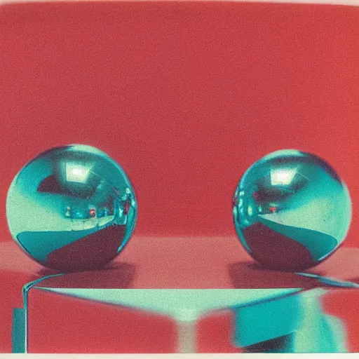 Prompt: chrome spheres on a red cube, polaroid spectra photograph