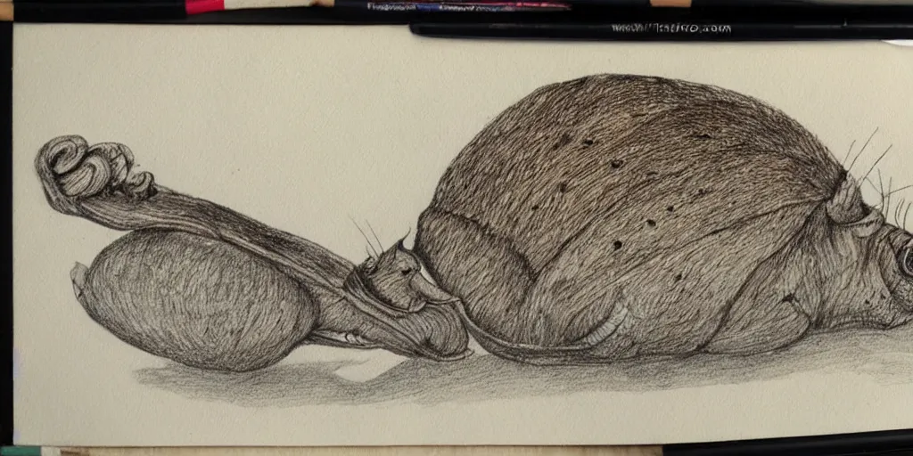 Image similar to found in snails with a sunrise and road landscape with lynxes and teeth in pen drawing style and pencil color