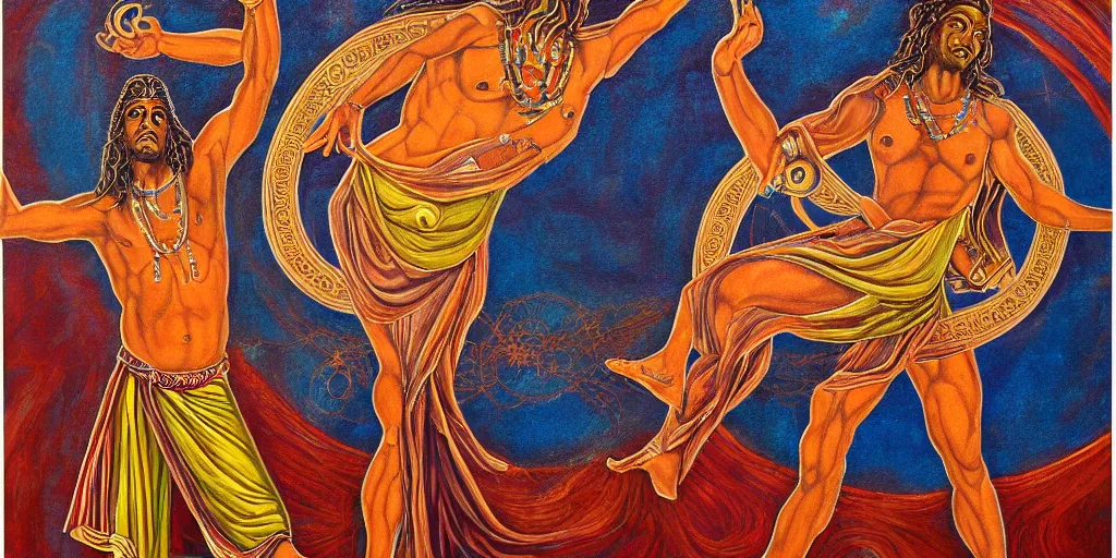 Prompt: an abstract spiritual background, a latino greek god dancing in ecstasy, clear eyes. 2 4 mm, photorealistic, muted color scheme, directed by mati klarwein