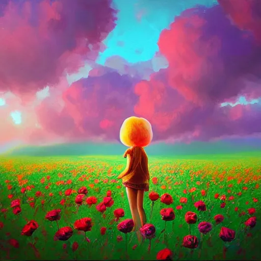 Image similar to large rose as a head, girl frontal in a flower field, surreal photography, sunrise dramatic light, impressionist painting, colorful clouds, digital painting, artstation, simon stalenhag