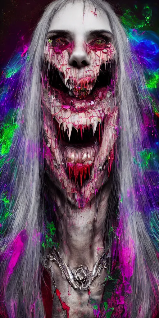 Image similar to impossibly beautiful vampire with large vampire fangs, full body, intricate complexity, horror, psychedelic glitch art, rainbow drip paint, trending on art station, photoreal, 8k, octane render