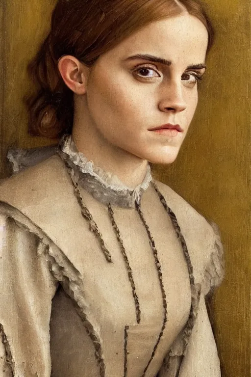 Image similar to portrait of emma watson, oil painting by jan van eyck, northern renaissance art, old masters, alla prima, realistic, expressive emotions, intricate textures, illusionistic detail