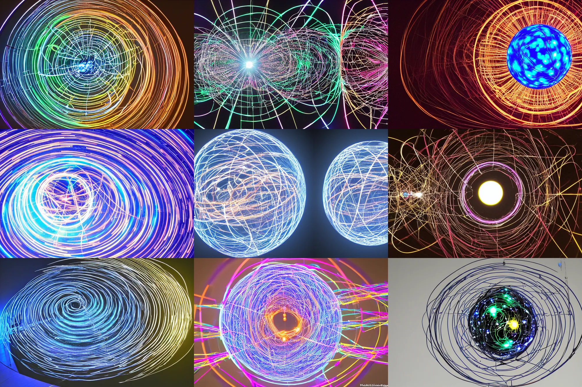 Prompt: glowing chaotic graph, spherical, symmetrical, time-lapse photography of a spherical LED pendulum system