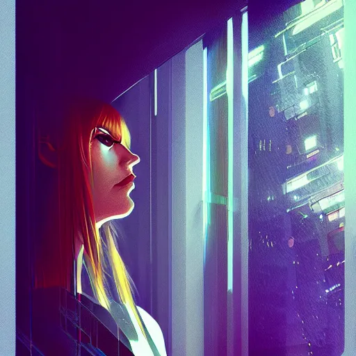 Image similar to portrait of cyberpunk woman looking out of a window, cyberpunk setting, futuristic, highly detailed, intricate lighting, digital painting, sharp focus, illustration, trending on artstation, art by anna dittmann.