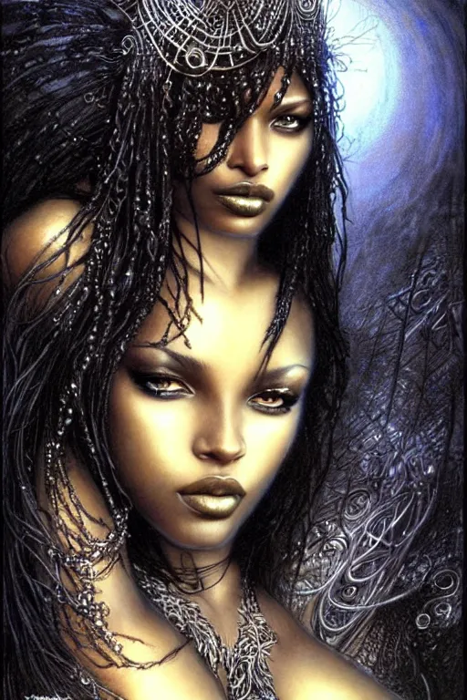 Prompt: a beautiful black goddess, fantasy, portrait, sharp focus, intricate, elegant, illustration, ambient lighting, art by Luis Royo