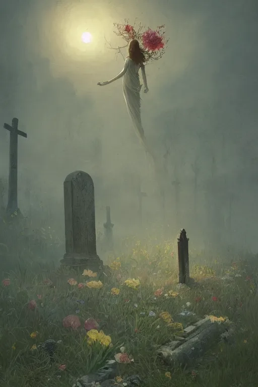 Prompt: The last spirit living in the cemetery, flowers, illustrated by Greg Rutkowski and Caspar David Friedrich., Trending on artstation, artstationHD, artstationHQ, 4k, 8k