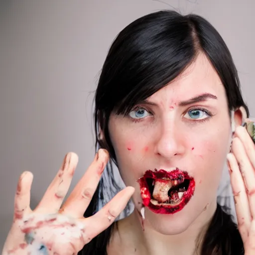 Image similar to photo of an uncomfortable looking woman eating her own bloody hand