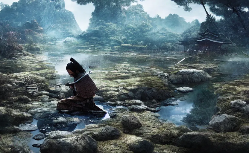 Image similar to highly detailed digital illustration of samurai kneeling in the blue puddle in old, ruined, japanese village from sengoku period, surrounded by dense rock formations, high in mountains, cinematic lighting, photobash, raytracing, volumetric lighting