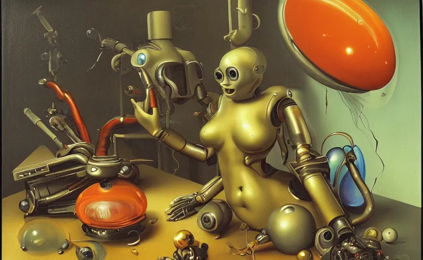 Image similar to strange seductive futuristic robot body, enticing colorful oil painting dutch golden age vanitas alluring still life sparse composition with bulbous objects strange gooey transparent surfaces shiny torrid metal reflections bizarre mutant meat insects rachel ruysch dali todd schorr very detailed perfect composition rule of thirds masterpiece canon 5 0 mm, cinematic lighting, photography, retro, film, kodachrome