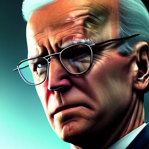 Image similar to photo portrait of joe biden as gordon freeman in half - life 2, splash art, movie still, detailed face, photorealistic facial features, cinematic lighting, dramatic, octane render, long lens, shallow depth of field, bokeh, anamorphic lens flare, 8 k, hyper detailed, 3 5 mm film grain