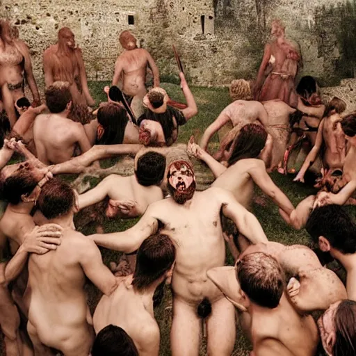 Image similar to Puglia, Italy midsommar satanic ritual, spiritual, movie still, photograph, realistic, hyper detailed