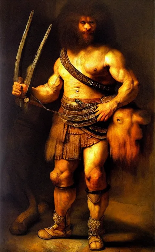 Prompt: backlight on muscular lion as barbarian hunter full body ,human legs ,very textured detailed oil painting by rembrandt