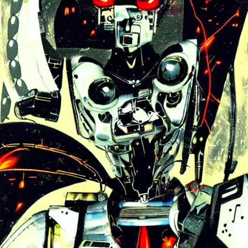 Image similar to the fullmetal neon robot sirius has a kernel without memory nor feelings, although he believes he is a god, oil on canvas by dave mckean and yoji shinkawa