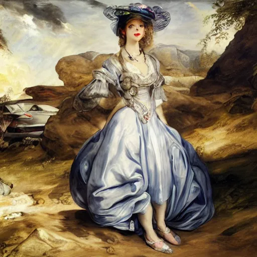 Image similar to heavenly summer sharp land sphere scallop well dressed lady standing next to a honda civic, auslese, by peter paul rubens and eugene delacroix and karol bak, hyperrealism, digital illustration, fauvist, standing next to a honda civic