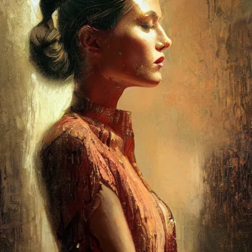 Image similar to detailed face of a woman clothed wrapped in textiles, lush, opulent, fauna, utopian, tech noir, wet reflections, prism, atmospheric, ambient, pj crook, syd mead, livia prima, artgerm, greg rutkowski, nick alm, casey baugh