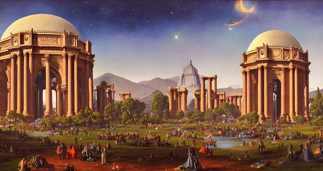 Image similar to the san francisco palace of fine arts during the intergalactic futuristic fair, romantic era sci - fi painting, futuristic