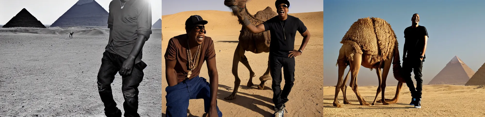 Prompt: jay - z laughing, jay - z wearing a black t - shirt and skinny jeans, standing next to a camel, sand desert, pyramids in background, photography by paul kessel, good lighting, no blur, close up shot