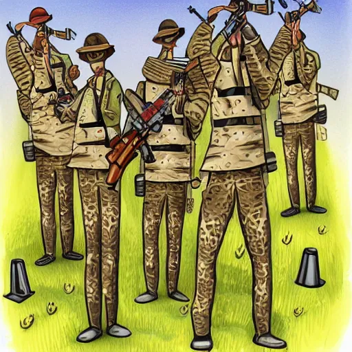 Image similar to giraffe army, holding guns and ammo, illustration, cartoon