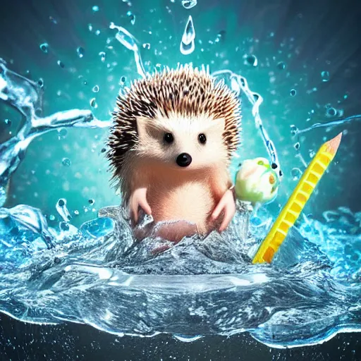 Prompt: beautiful hedgehog, fantasy, drawing, pencil cute, the creation process, rendered in octane, pools of water