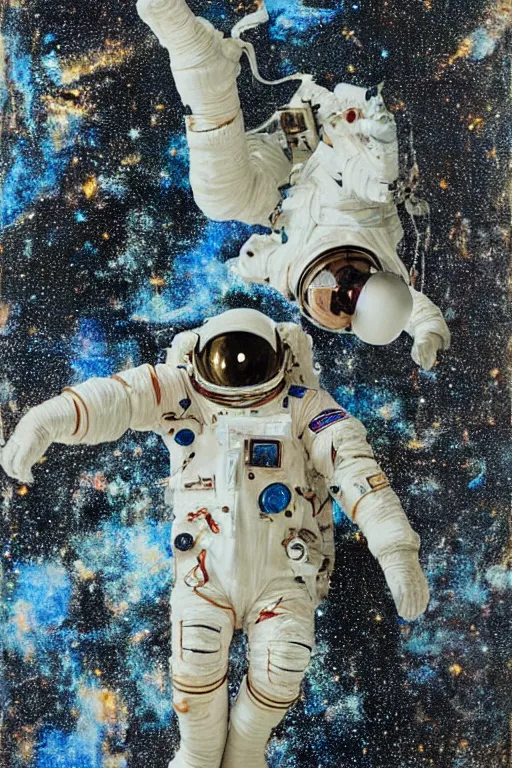 Image similar to a beautiful glitched painting by akiya kageichi of a cosmonaut in space suit falling into a dark abyss