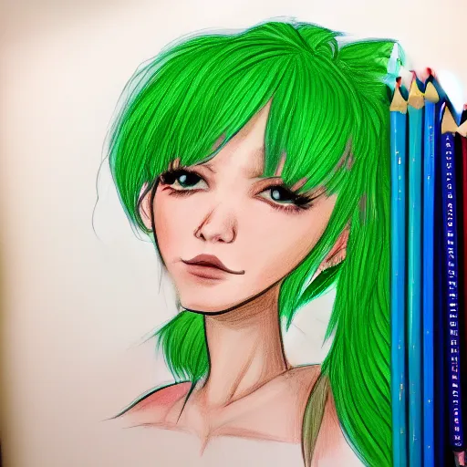 Image similar to drawing of my dream girl, green hair, short, cute