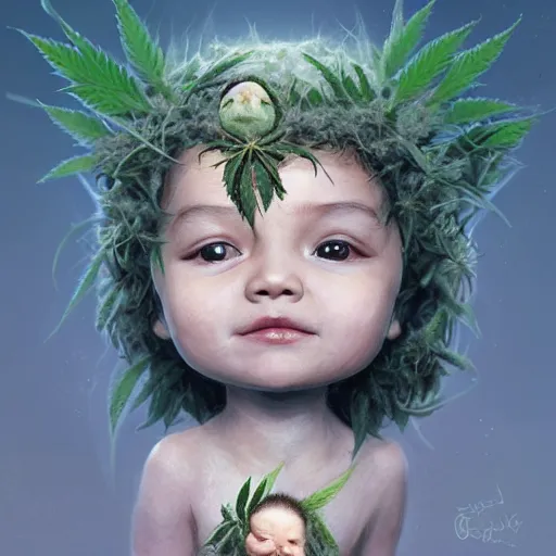 Image similar to a cute little baby made of hemp, with a head in the form of a cannabis bloom, like baby grut, green skin, character, art by james jean and greg rutkowski!!, realistic face, digital art, chibi style, golden ratio, perfect composition, trending on artstation, 8 k