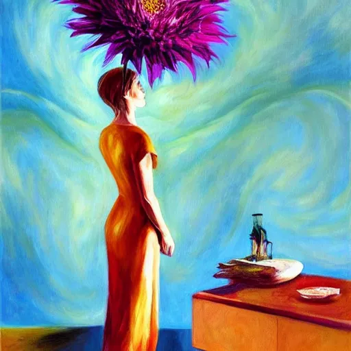 Image similar to giant flower head, woman standing in a luxury apartment, surreal, dramatic light, impressionist painting, digital painting, artstation, georgia o'keeffe