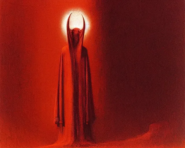 Image similar to by francis bacon, beksinski, mystical redscale photography evocative. devotion to the scarlet woman, priestess in a conical hat, vision quest, insight, divine presence