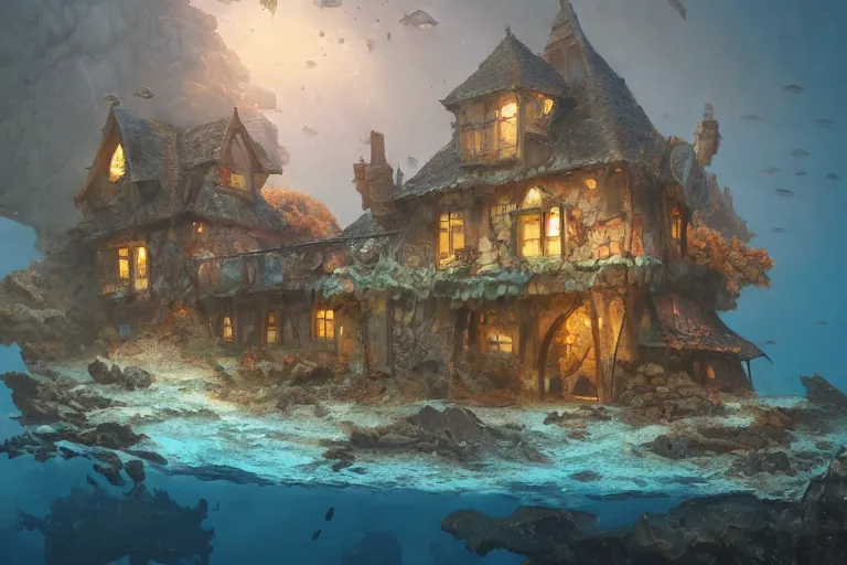 Image similar to underwater scene, on the sandy ocean floor, a typical european house with a slate roof, coral reef, school of fishes, shark, scenic view, atmospheric blue tonality matte painting by marc simonetti and hubert robert, trending on artstation