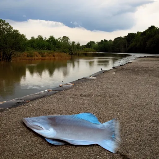 Prompt: left high and dry on the bank, the floundering fish gasps