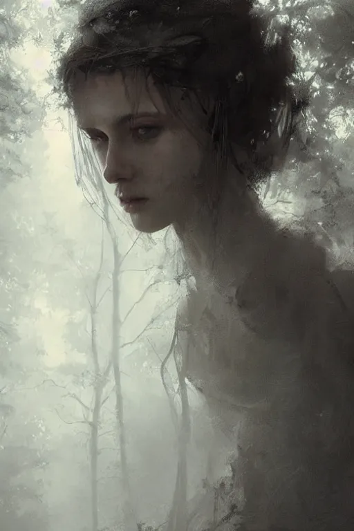 Image similar to portrait of a young woman, covered in cobwebs, dramatic lighting, cinematic, dark forest, head and shoulders, greg rutkowski