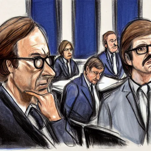 Prompt: court sketch of saul goodman and team looking defeated, with trimmed mustache, wearing glasses, wearing prison jumpsuit, testifying, sketch by jeff kandyba, jane rosenberg, elizabeth williams, howard brodie, marilyn church h