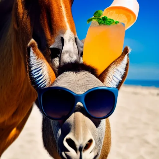 Prompt: a human donkey is wearing cool sunglasses and holding a coctail at the beach, 8k, hyper-detailed, photorealistic