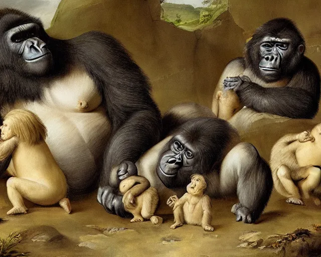 Image similar to gorilla family by pieter claesz