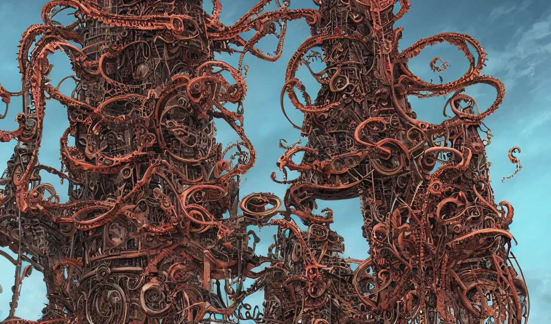 Image similar to lovecraftian biomechanical machine-tower with fleshy tendrils and eyeball at top overlooking dystopian wasteland, highly detailed, colorful with red hues