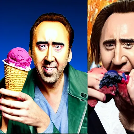 Image similar to nic cage excited about eating colorful ice creams